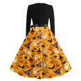 thumbnail image 6 of Women's Halloween Dress Pumpkin Spider Long Sleeve Hepburn 1950s Funny Tea Length Dress Crew Neck Cocktail Classic Casual Dresses with Belt S, 6 of 6