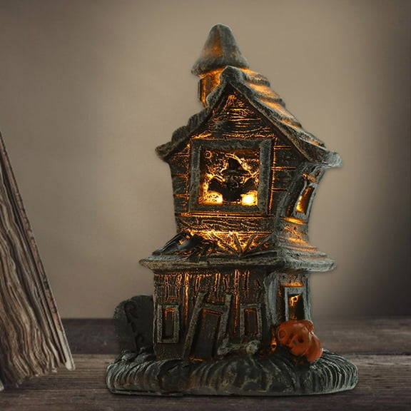 Fridja Mini Glowing LED Haunted House Figurine Halloween Decor with Skeleton & Pumpkin, Spooky Miniature Light-Up Display for Halloween Enthusiasts