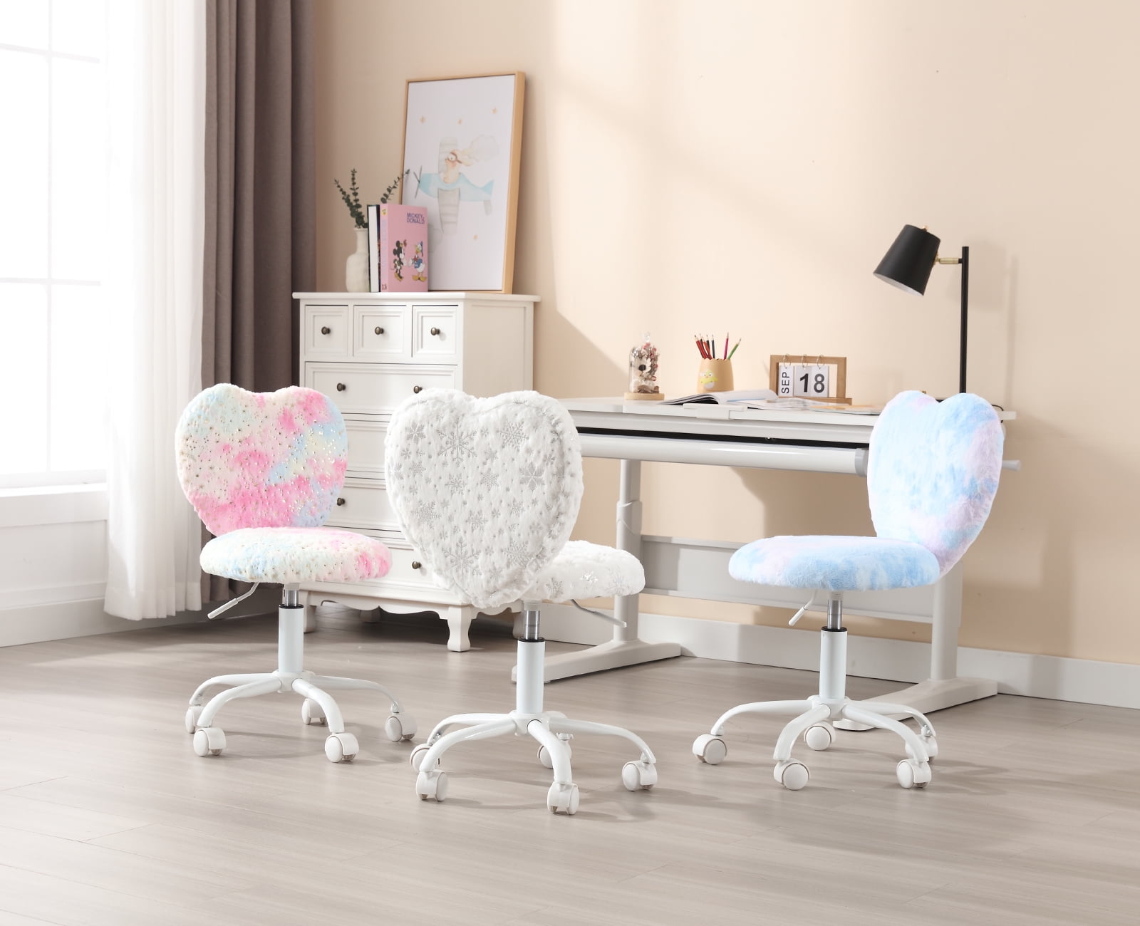 Guyou Cute Fuzzy Kids Chair, Faux Fur Rolling Swivel Children Desk Chair, Adjustable Student Task Chair Vanity Chair with Heart Shaped Back for Bedroom Living Room Study Room Kids Room , Dreamy Blue