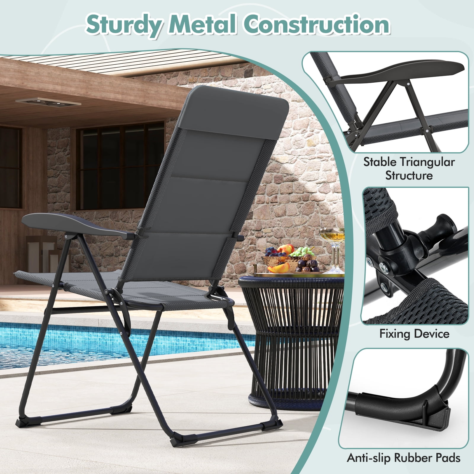 Gymax 2PCS Patio Folding Chairs Back Adjustable Reclining Padded Garden Furniture