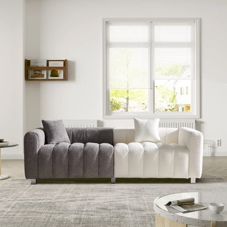 84" Teddy Velvet 3-Seater Sofa, Modern Plush Bubble Couch with Deep Seat and 6 Metal Legs, Blue, For Living Room, Bedroom, Office