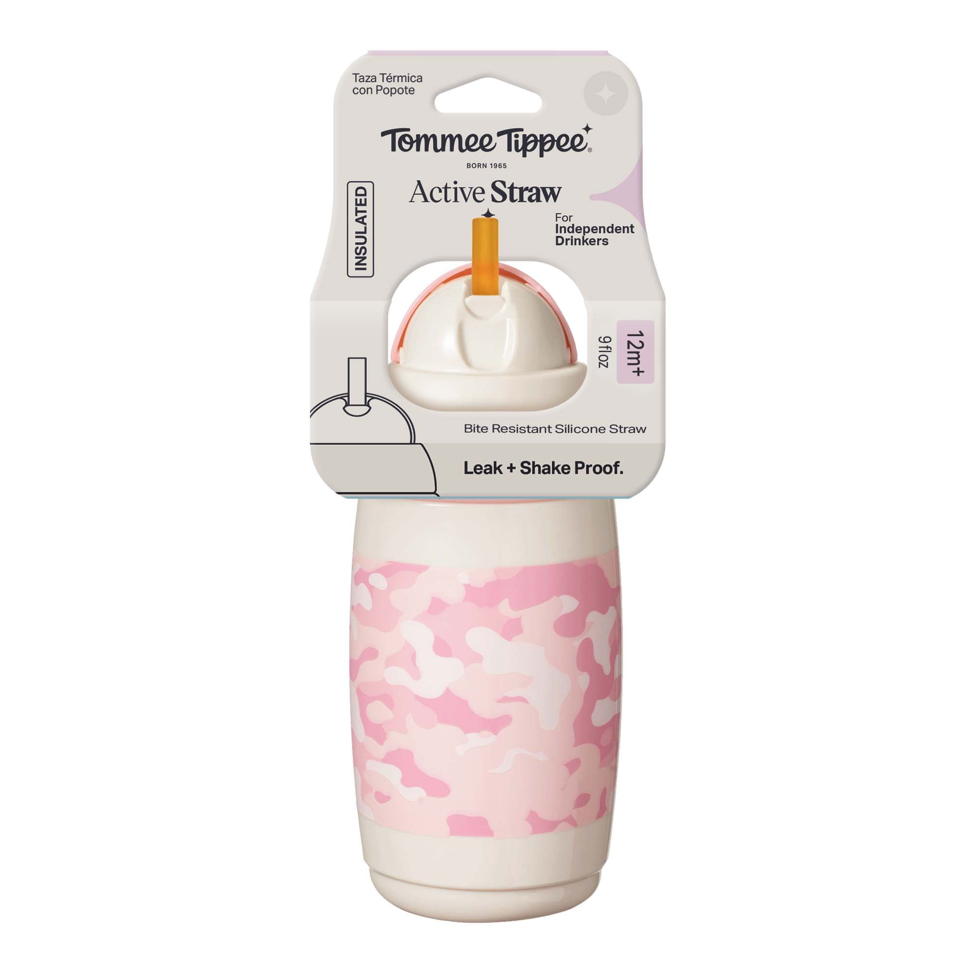 Tommee Tippee Insulated Active Straw Toddler Cup, 12m+, 9oz, Leak-Proof, Pink Camo, 1 Pack