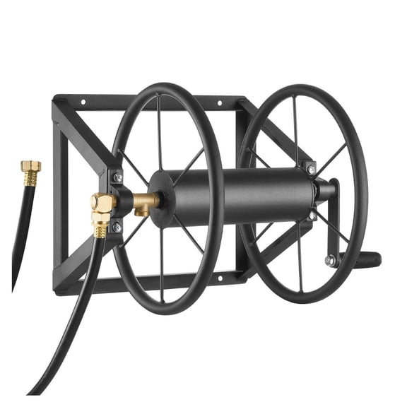 Garden Hose Reel Wall Mounted - 200ft 5/8in Manual Hose Winder, Heavy Duty Steel Outdoor Reel w/ Brass Fittings, Space Saving for Yard Lawn Garage