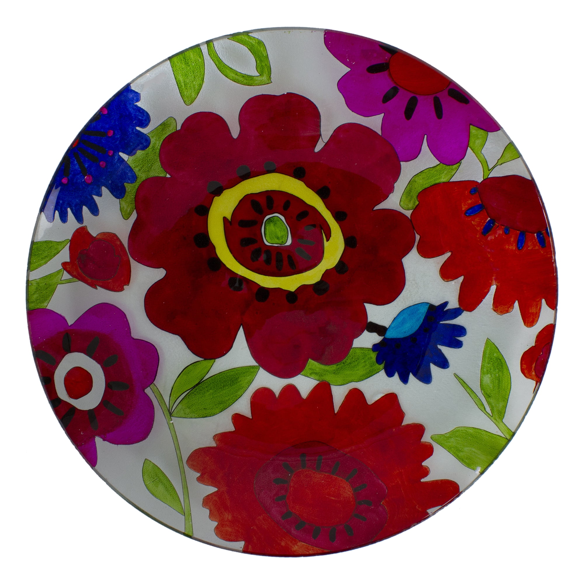 Northlight 18” Red and Blue Summer Flowers Hand Painted Glass Outdoor Patio Birdbath