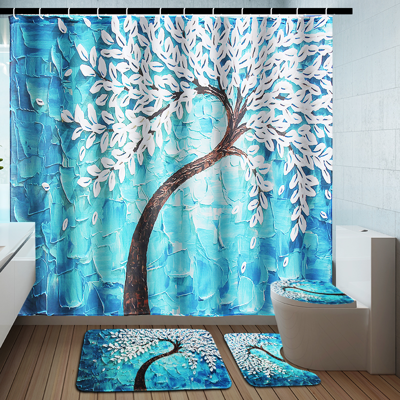 Love Flower Toilet Pad Cover Bath Rug Mat Fabric Shower Curtain Set for Bathroom