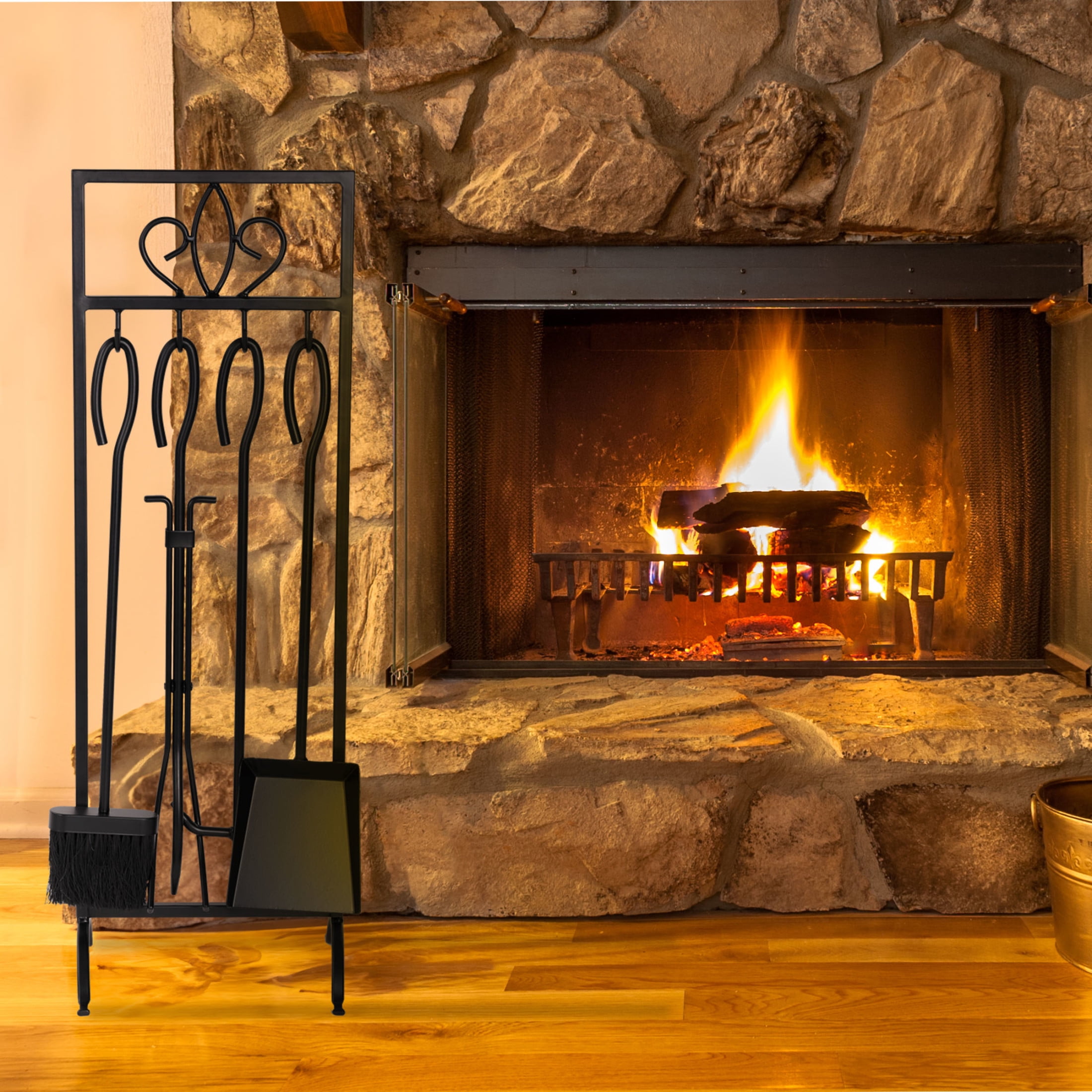 Lavish Home 5PC 29" Fireplace Tools Set - Wrought-Iron Fire Tools for Indoor/Outdoor Fire Pit Use, Fireplace Accessories Set with Poker, Tongs, Brush, Shovel, and Stand (Black)