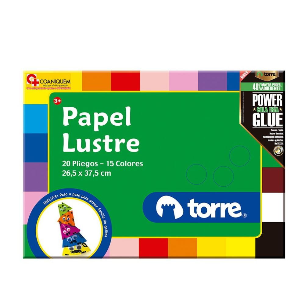 Papel Lustre 20 pliegos / 15 colores 26.5x37.5cms Torre | Lider.cl