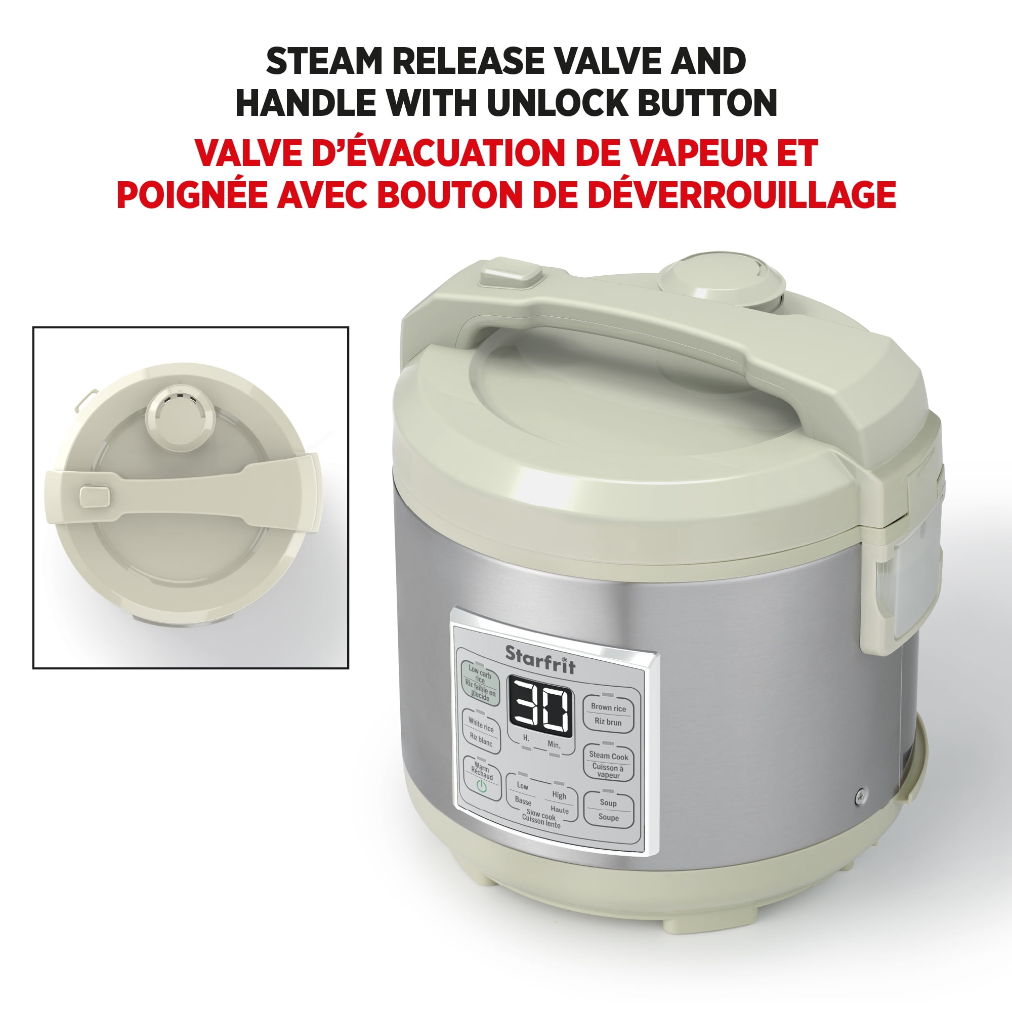 Starfrit Cuiseur À Riz Faible En Glucides 14 Tasses, Réduit Les Glucides, 7 Fonctions, Panier Vapeur, Marmite Antiadhésive, Facile À Nettoyer, Cuisine Saine Riz Brun Blanc Soupe