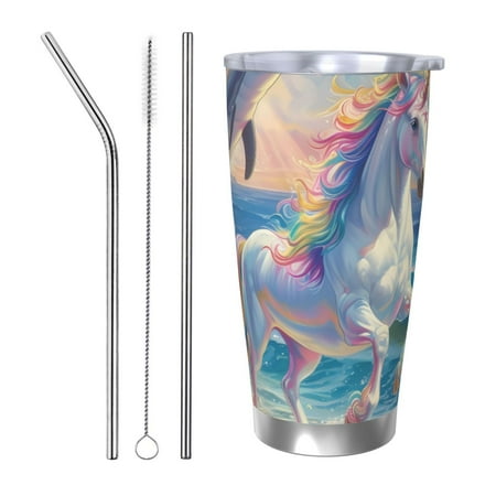 

Uemuo Dolphin Rainbow Horse Print Travel Coffee Mug 20oz Double-walled Car Cup Stainless Steel Insulated Tumbler Leak-proof Travel Cup Reusable Straw Car Cup-Straw Three-piece Set