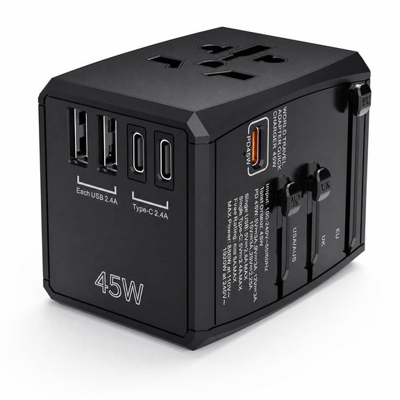 45W PD Universal Travel Adapter, International Travel Plug with Retractable US EU UK AU Plugs for 150 Countries for Business Trips and Overseas Vacations