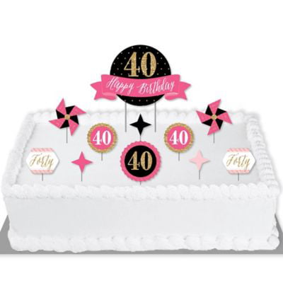 Chic 40th Birthday Black and Gold Happy Birthday Cake Topper Set Pink 11 Pieces Birthday Party Cake Decorating Kit