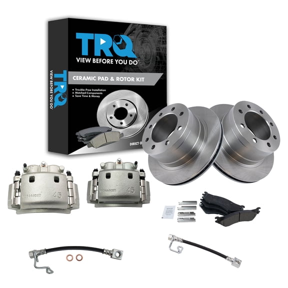 TRQ Rear Brake Pad & Rotor Kit Brake Caliper Brake Hose Brake Pads Brake Rotor Ceramic Fits Select 2003-2008 Dodge Ram 2500 Ram 3500