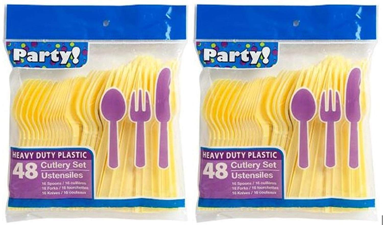 Heavy Duty Plastic Cutlery Set in Yellow 32 Spoons, 32 Forks, 32 Knives