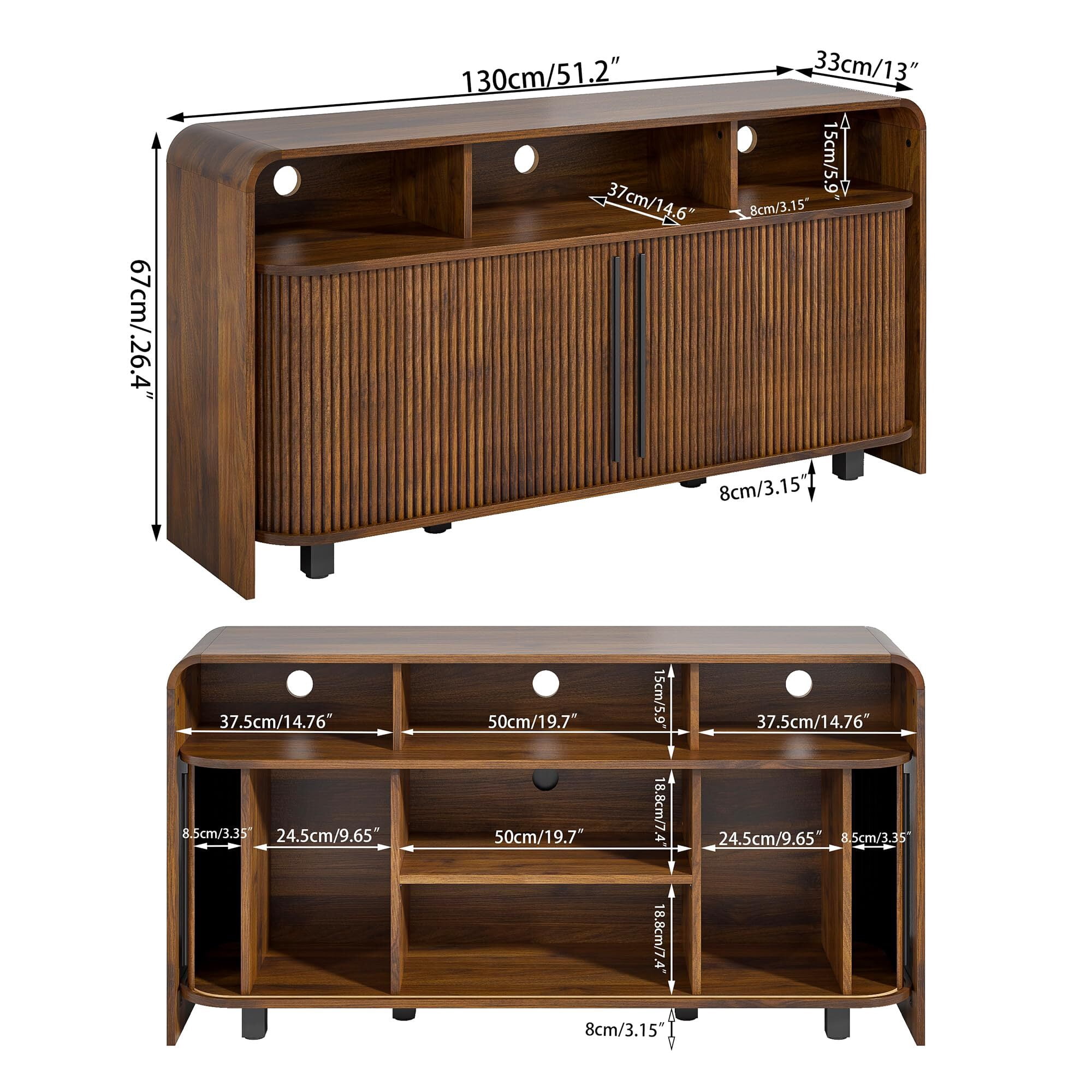 Fluted TV Stand for 55-65" TV, Small Mid Century Modern Media Console, Walnut Entertainment Center with Sliding Doors