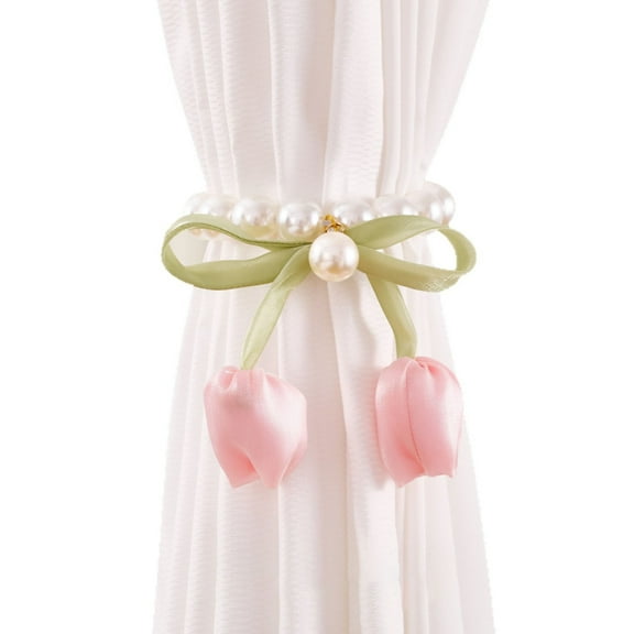 2pcs Tulip Flower Pearl Curtain Magnetic Tiebacks, Elegant Home Decor, Creative No-Drill Window Treatment Accessories for Bohemian Style,Pink(9.84")
