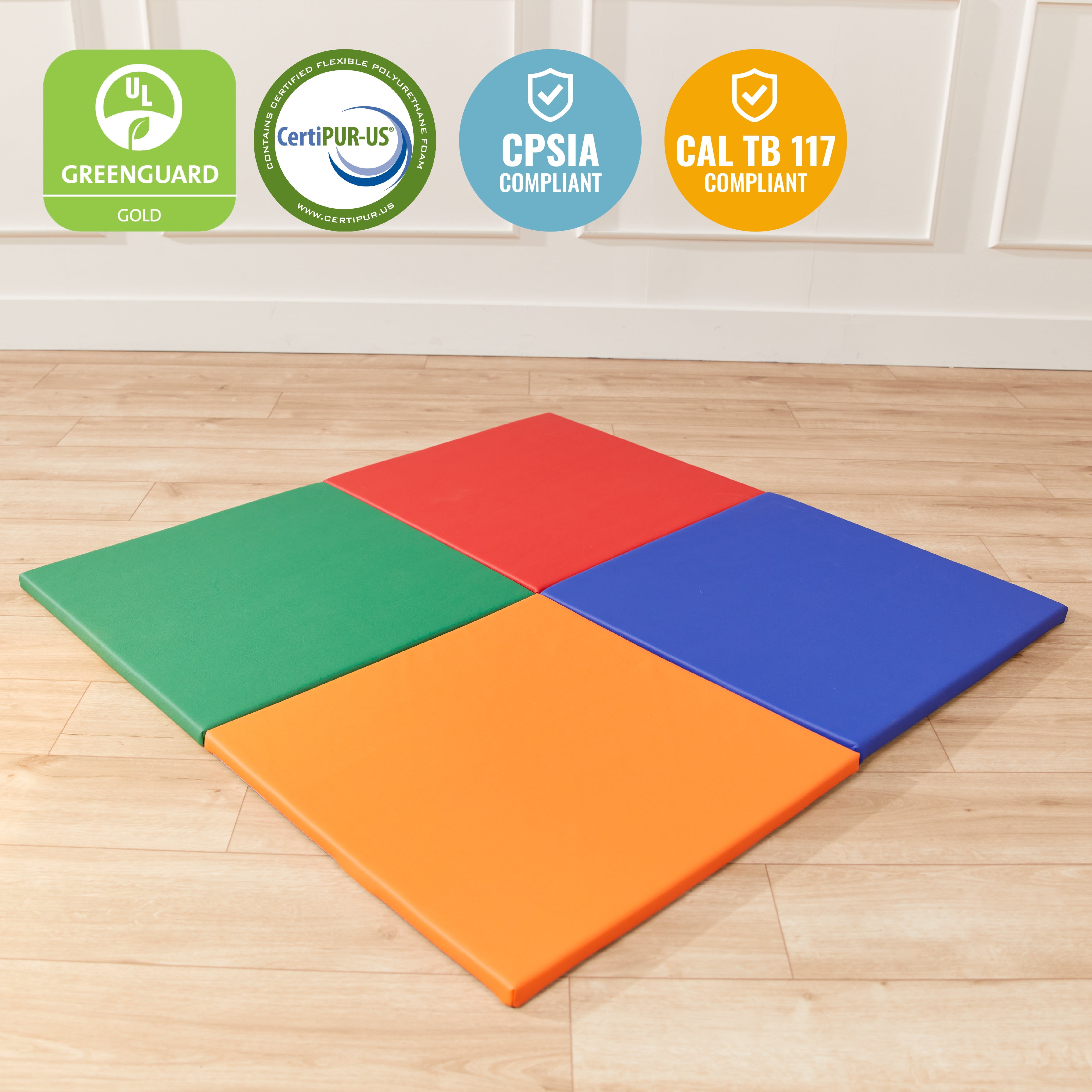 ECR4Kids SoftZone Play Patch Activity Mat Squares, Modular Playmat, Assorted, 4-Pack