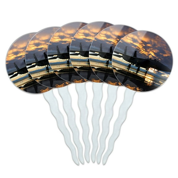 Aircraft Jet Fighter at Sunset Air Force Cupcake Picks Toppers - Set of 6