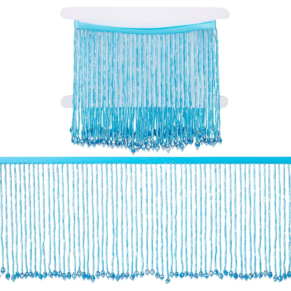 1 Yard Polyester Lace Ribbon with Glass Beads Tassel for Sewing Decoration Dodger Blue 6 inch(151mm)