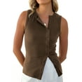 thumbnail image 3 of Women Ribbed Summer Tank Tops Button Up Open Front Rib Shirt Sleeveless Slim Dressy Top Fashion Coffee Color XL, 3 of 9