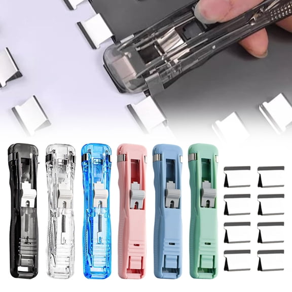 SeekLGT Portable Push Stapler, One Slide Quick Binding Tool with 8 Reusable Stainless Steel Clips, No Hole Punch Document Fastener for One Hand Operation, 1 Count with 8 Clips