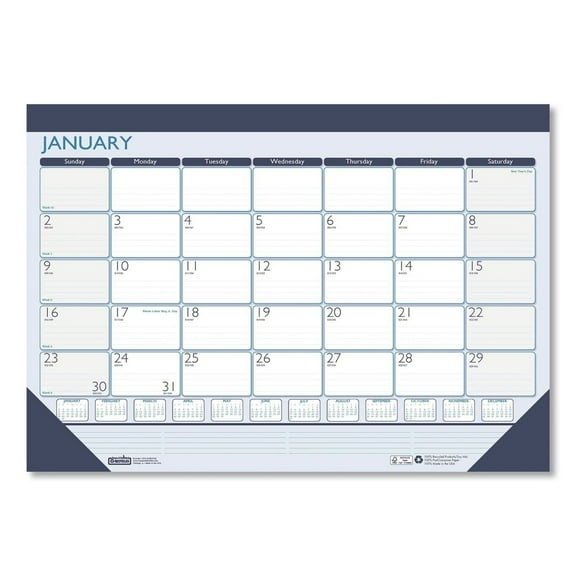 18.5 in. x 13 in. 12-Month (Jan-Dec 2026) Recycled Contempo Desk Pad Calendar - White/Blue Sheets/Blue Binding/Blue Corners