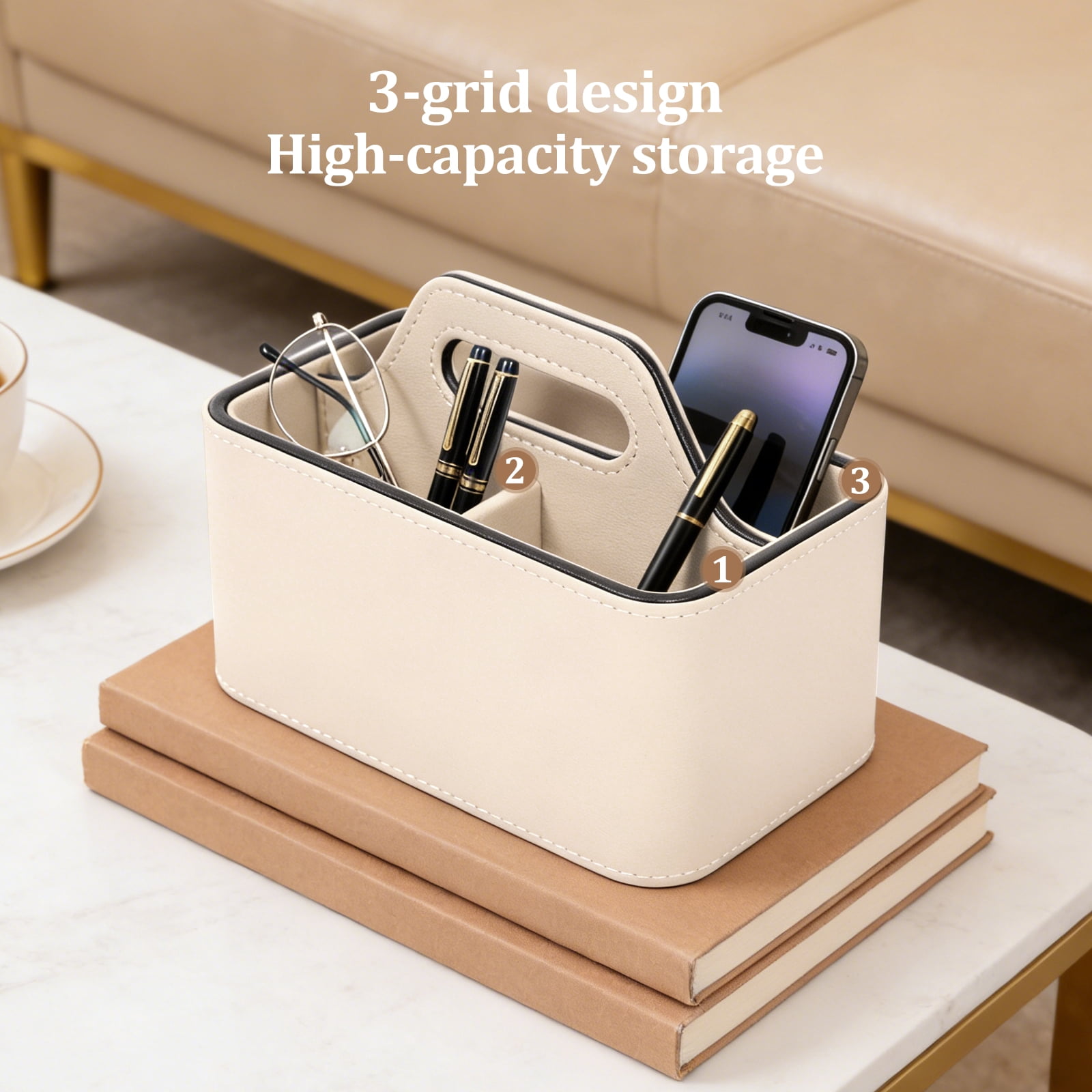 PU Leather Desk Organizer Luxury Remote Control Holder for Home, Office Desk Accessories Table Caddy Bedside Nightstand Organizer