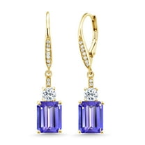 Gem Stone King 18K Yellow Gold Plated Silver Blue Tanzanite and White Topaz Dangle Earrings for Women (5.26 Cttw, Gemstone December Birthstone, Emerald Cut 9X7MM)