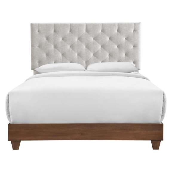 Tufted Bed Frame, Queen Size, Fabric, Wood, Walnut Beige, Modern Contemporary Urban Design, Box Spring Required