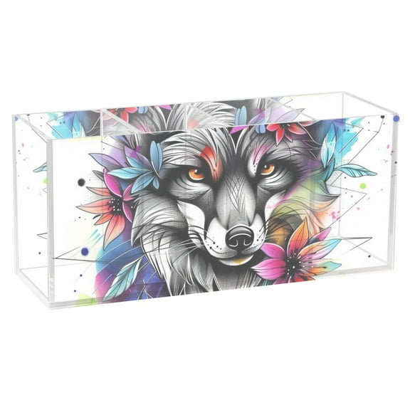 Fox Head with Flower Acrylic Pencil Pen Holder Cup 4 Compartments Desktop Organiser 7.87"x2.78"x3.54"