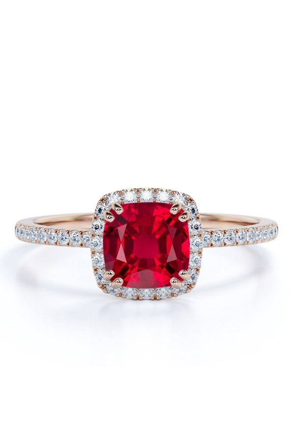 1.75 Carat Cushion Cut Art Deco Pigeon Blood Lab Created Ruby Engagement Ring in 18k Rose Gold over Silver