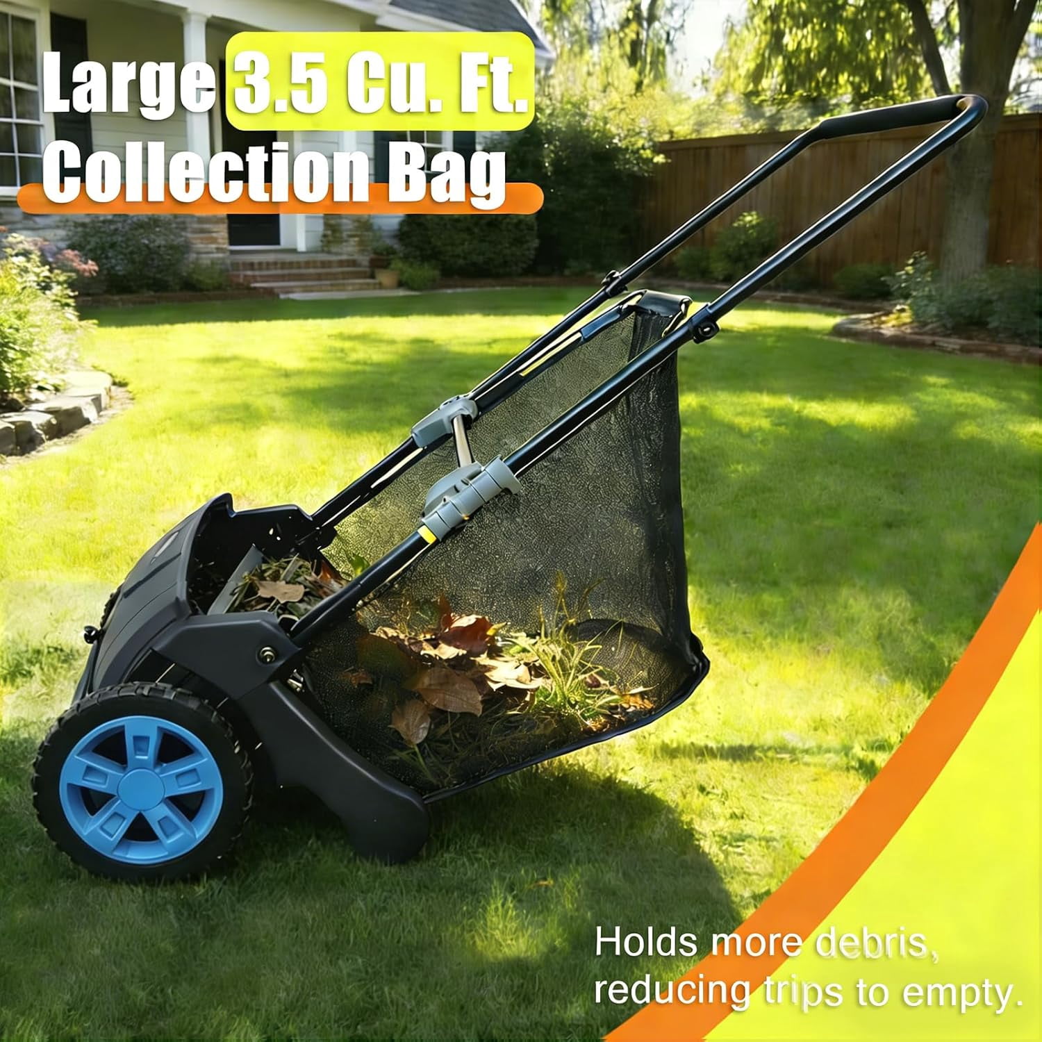 21-Inch Push Lawn Sweeper Yard Leaf & Debris Collector with 3.5 Cu. Ft. Collection Bag, Adjustable Brush Height for Lawns & Driveways, Foldable Storage Design
