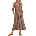 thumbnail image 2 of Riforla Womens Summer Casual Sleeveless V Neck Swing Dress Casual Flowy Tiered Maxi Beach Dress with Pockets Womens Cotton Dress Khaki XXL, 2 of 8