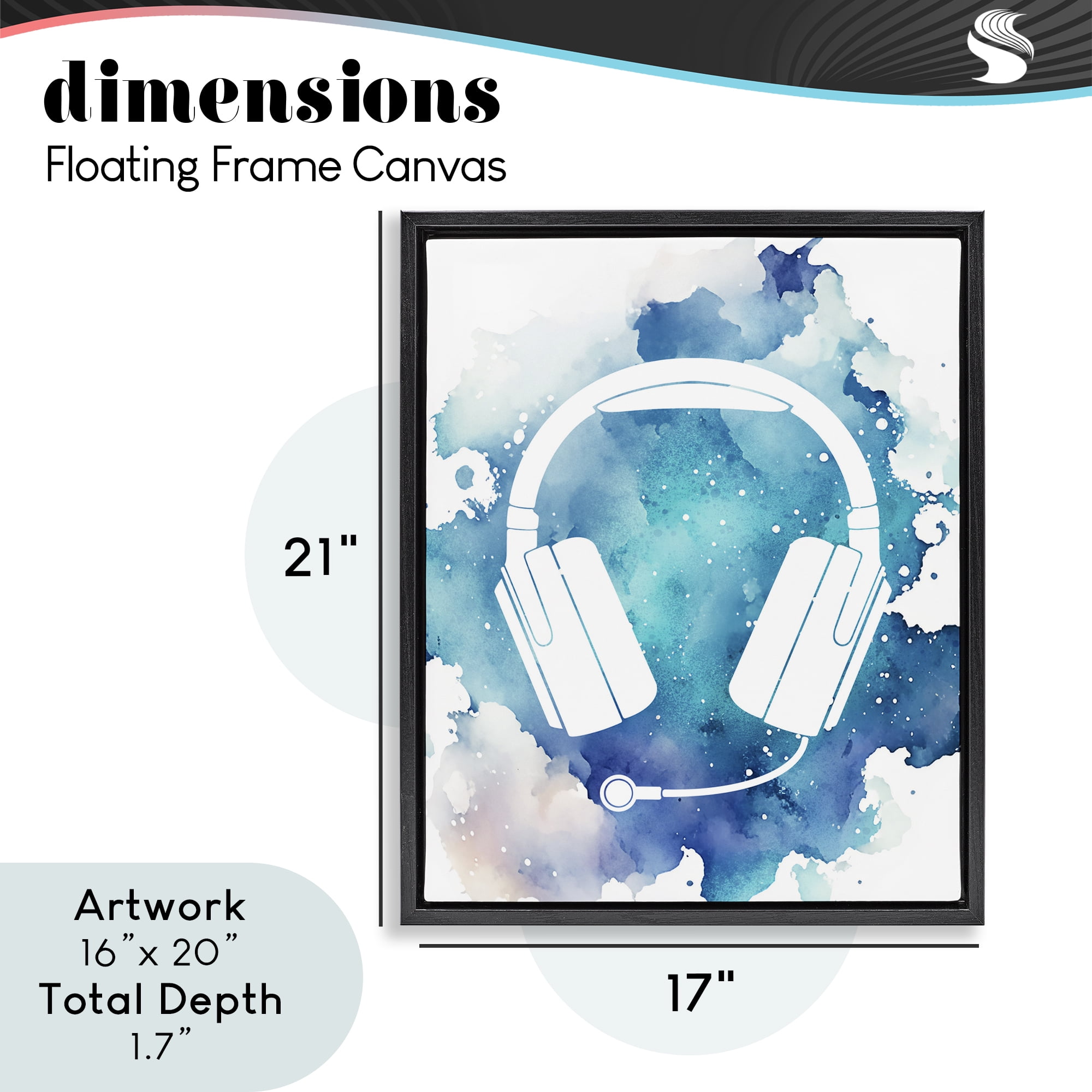 Blue Headphone Splatter Black Framed Floater Canvas Wall Art, design by Marcus Prime
