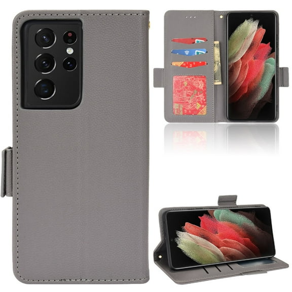 Wallet Case for Samsung Galaxy S23 Ultra, Soft Silicone Lychee Pattern PU Leather Shockproof Flip Cover with Card Slots Holder Magnetic Clasp Lock Drop Resistant Kickstand Phone Case,Gray