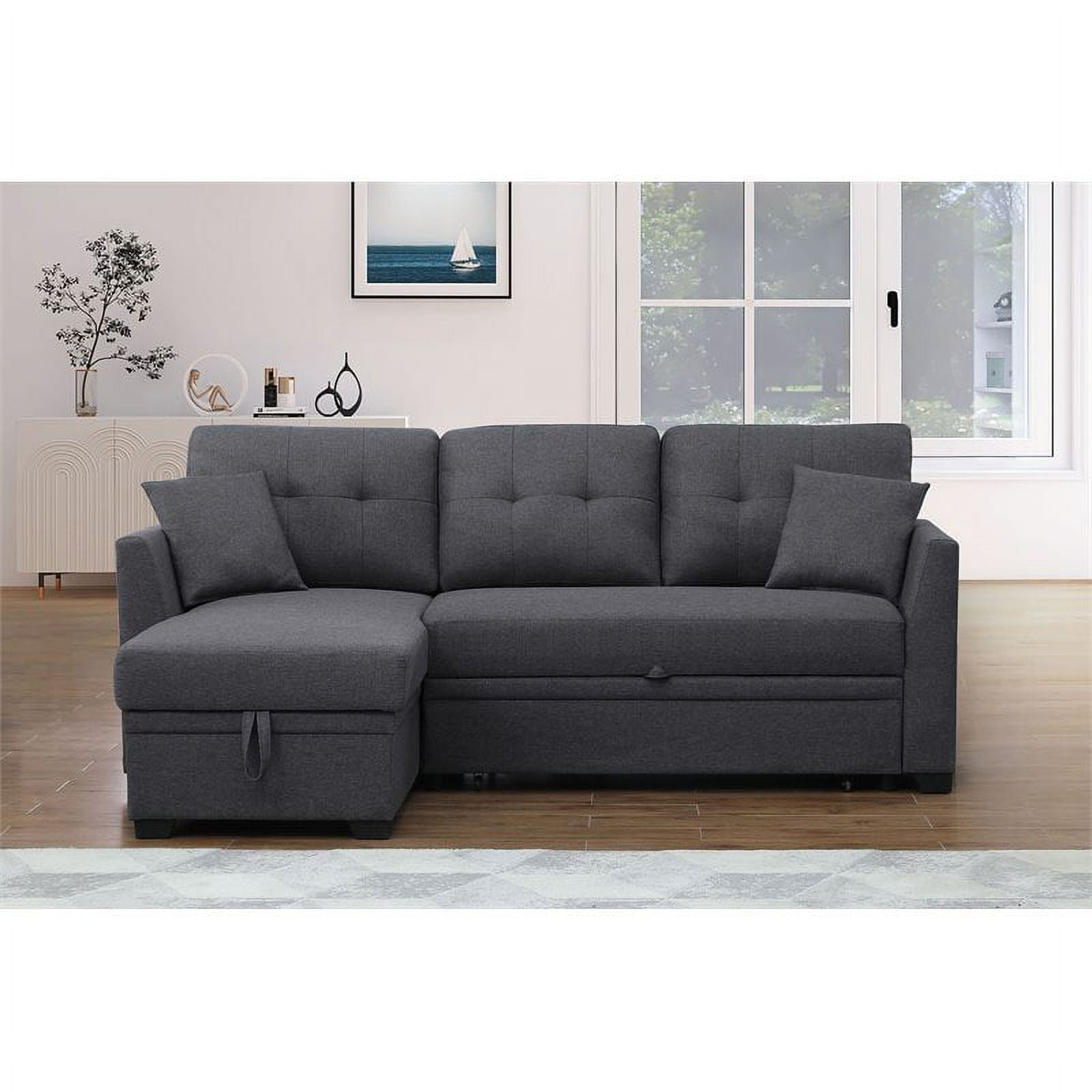 Alexent 3-Seat Modern Fabric Sleeper Sectional Sofa with Storage in Dark Gray