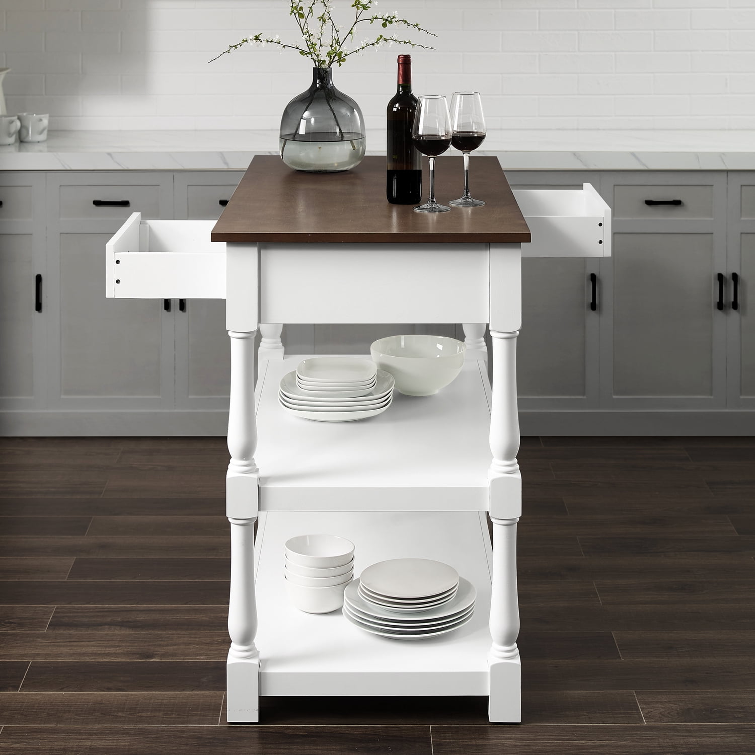 Kitchen Island Wood Top - Storage Island Cart, White/Dark Brown, 42" Wide, Transitional Design