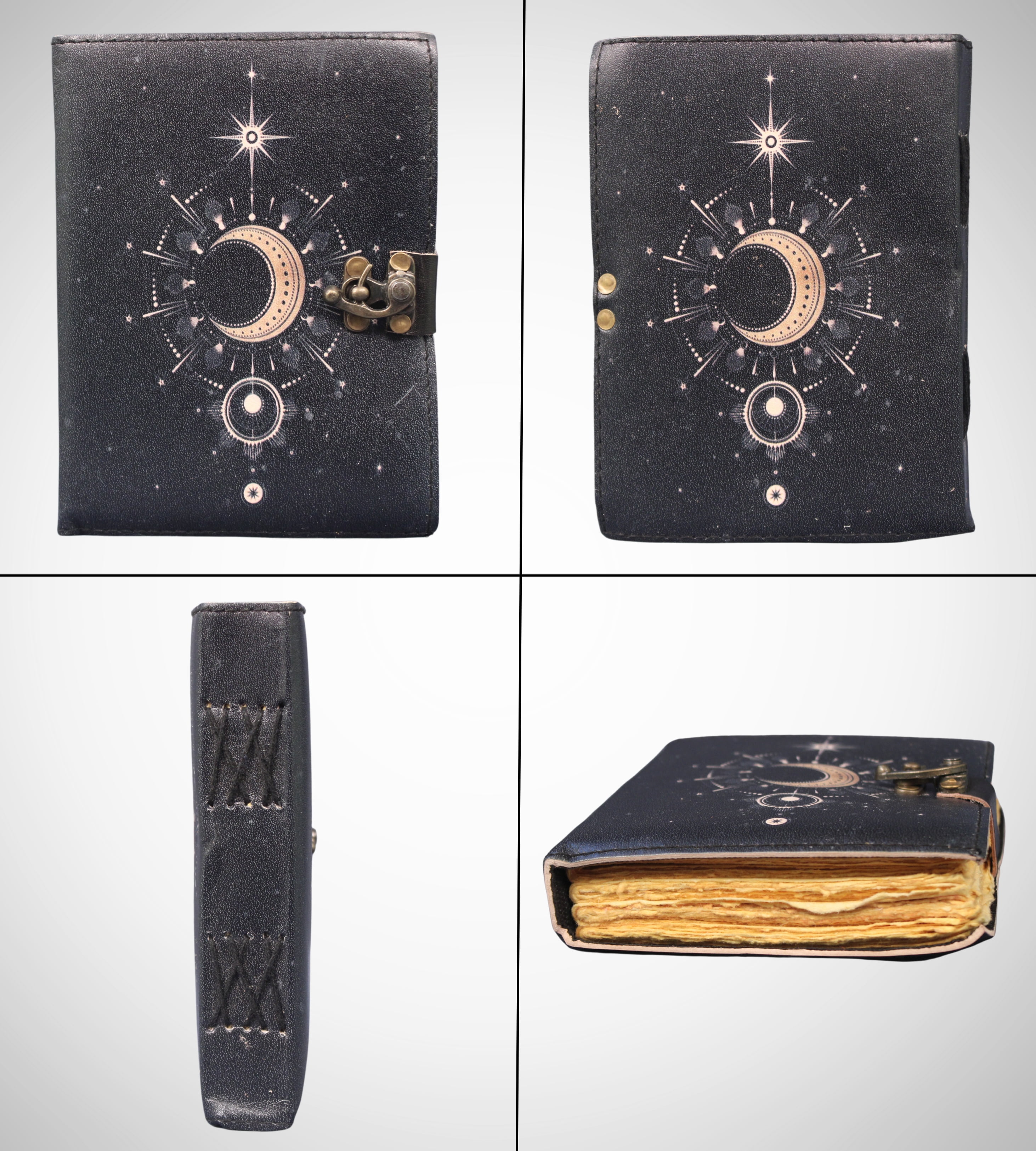 Mystic Moon Black Leather Journal – Handmade UV Printed Celestial Diary with Antique Lock | 7x5 Unlined Deckle Edge Sketchbook & Writing Notebook
