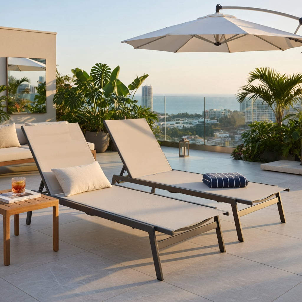 Hommoo 6-Position Adjustable Outdoor Chaise Lounge Chair, Rustproof Steel Frame, Quick-Drying Fabric, Brown