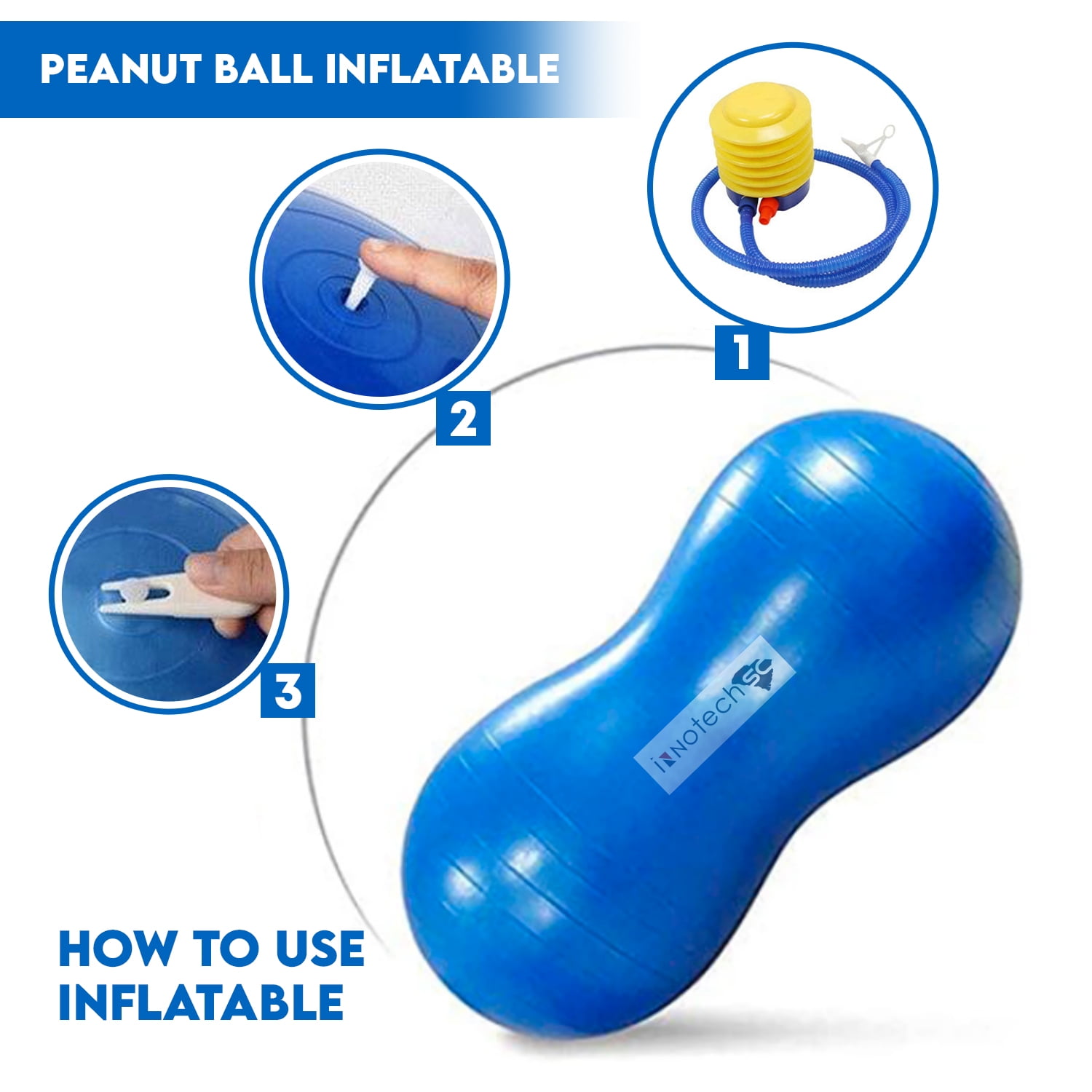InnotechSC Peanut Ball – Anti-Burst Exercise Ball for Labor, Physical Therapy, Kids, Core Strength, Flexible Seating, Home & Gym Fitness, Sensory Chair Wiggle Seat (Includes Pump)- Blue