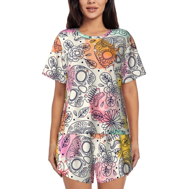 Balery Skull and Flowers Conjunto de Pijama para Mujer con Estampado, Dos Piezas de Manga Corta y Shorts, Ropa de Dormir Suave con Cuello Redondo y Bolsillos-X-Large