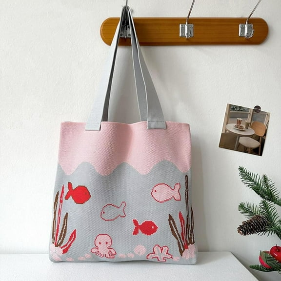 Cute Casual Cartoon Octopus Pattern Large Capacity Knitted Shoulder Bag Handbags Shopping Bags Tote Bags PINK