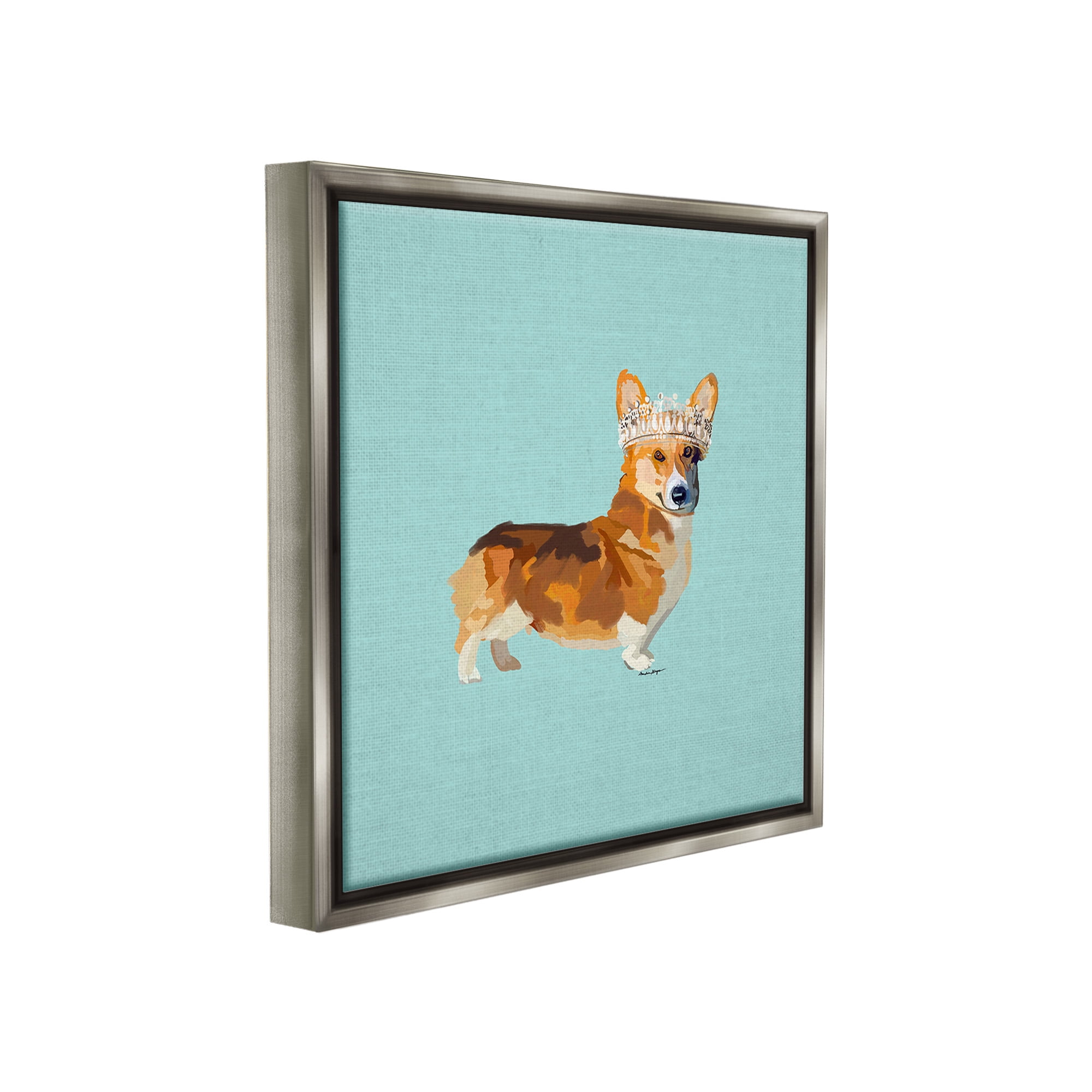 Stupell Industries Royal Corgi with Crown Animals & Insects Painting Gray Floater Framed Canvas Art Print Wall Art, 25 x 25