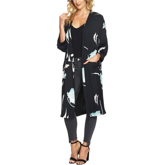 1.STATE Womens Printed Cardigan Sweater, Black, Small