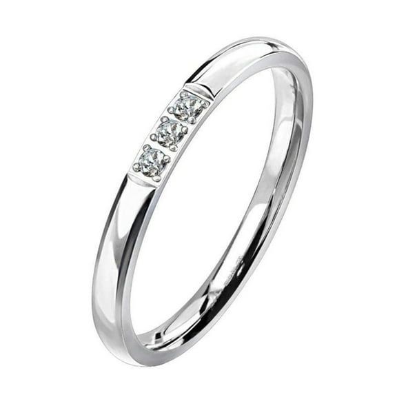 Minimalist Three Stone Anniversary Ring Womens Stainless Steel CZ Promise Band Fantasy Forge Jewelry