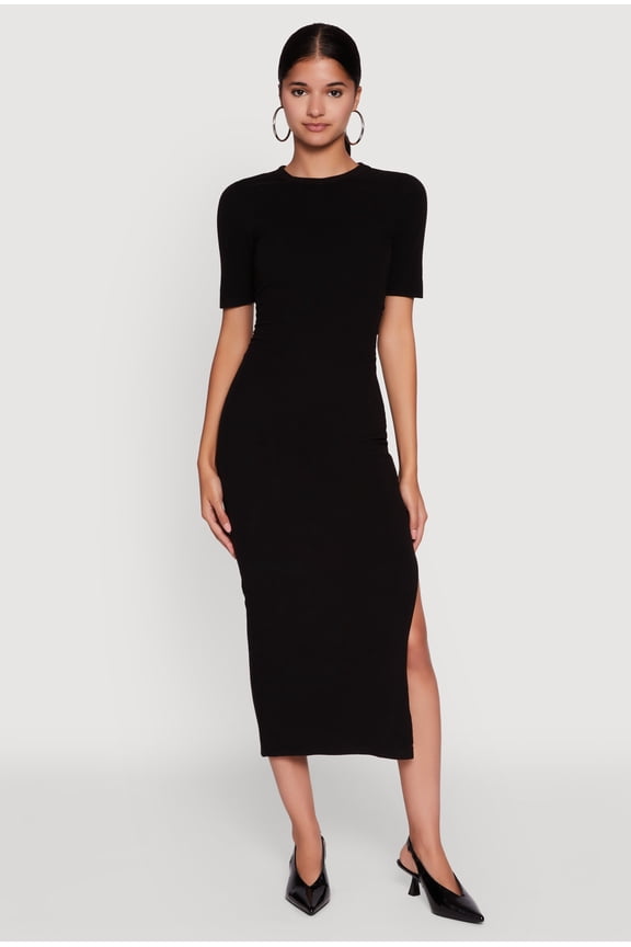 Womens Ribbed Knit Side Ruch Side Slit Midi Dress