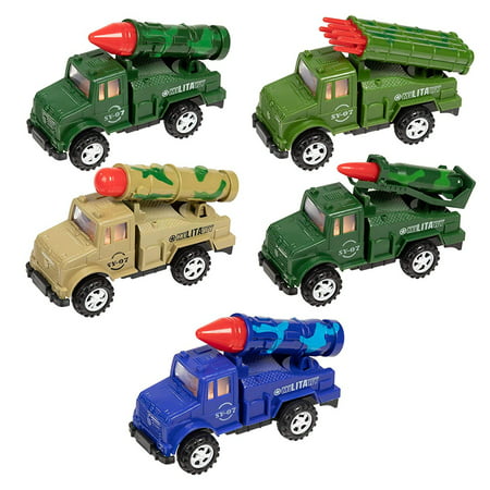 Juvale 5-Pack Boys Push and Go Military Toy Vehicle Trucks with Missile Launchers in Assorted Colors for Kids, 5