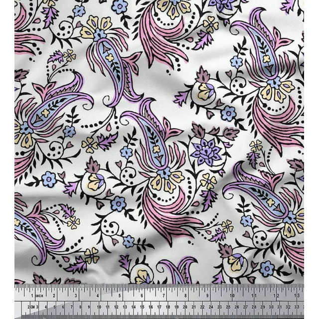 Soimoi Silk Fabric Leaves,Floral & Paisley Block Fabric Prints by Yard 42 Inch Wide