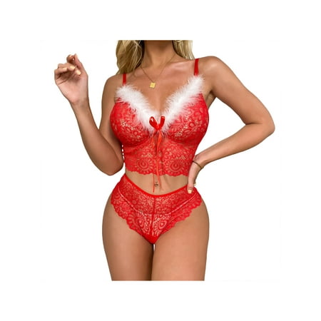 

Amuver Women charming Christmas Lingerie Lattice Bra Thong With Garter Pajamas Underwear