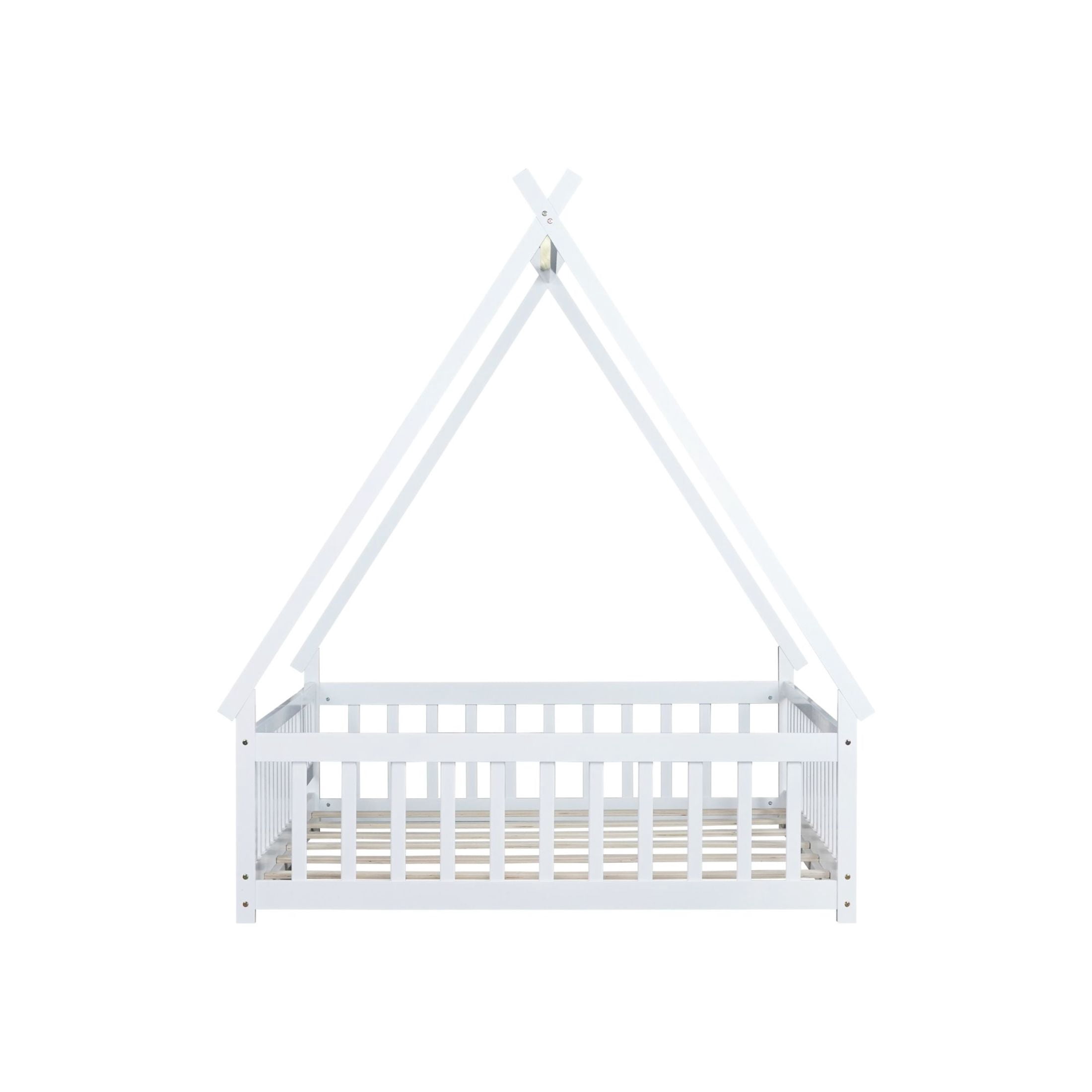 Noble House Misty Full Teepee Floor Bed with Safety Fence and Door, Solid Rubber Wood Tent Bed, Kid's Room, White