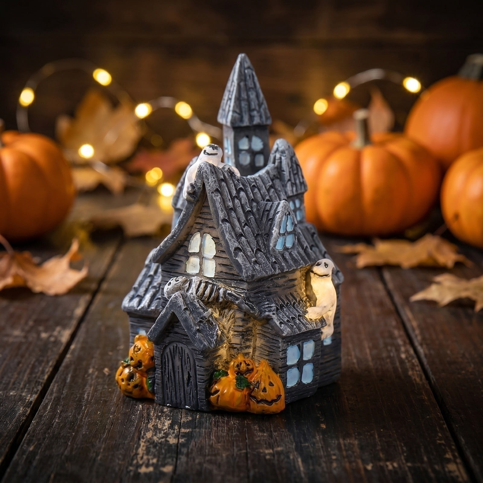 HWRETIE Lighted Halloween Manor House Figurine Porcelain Haunted